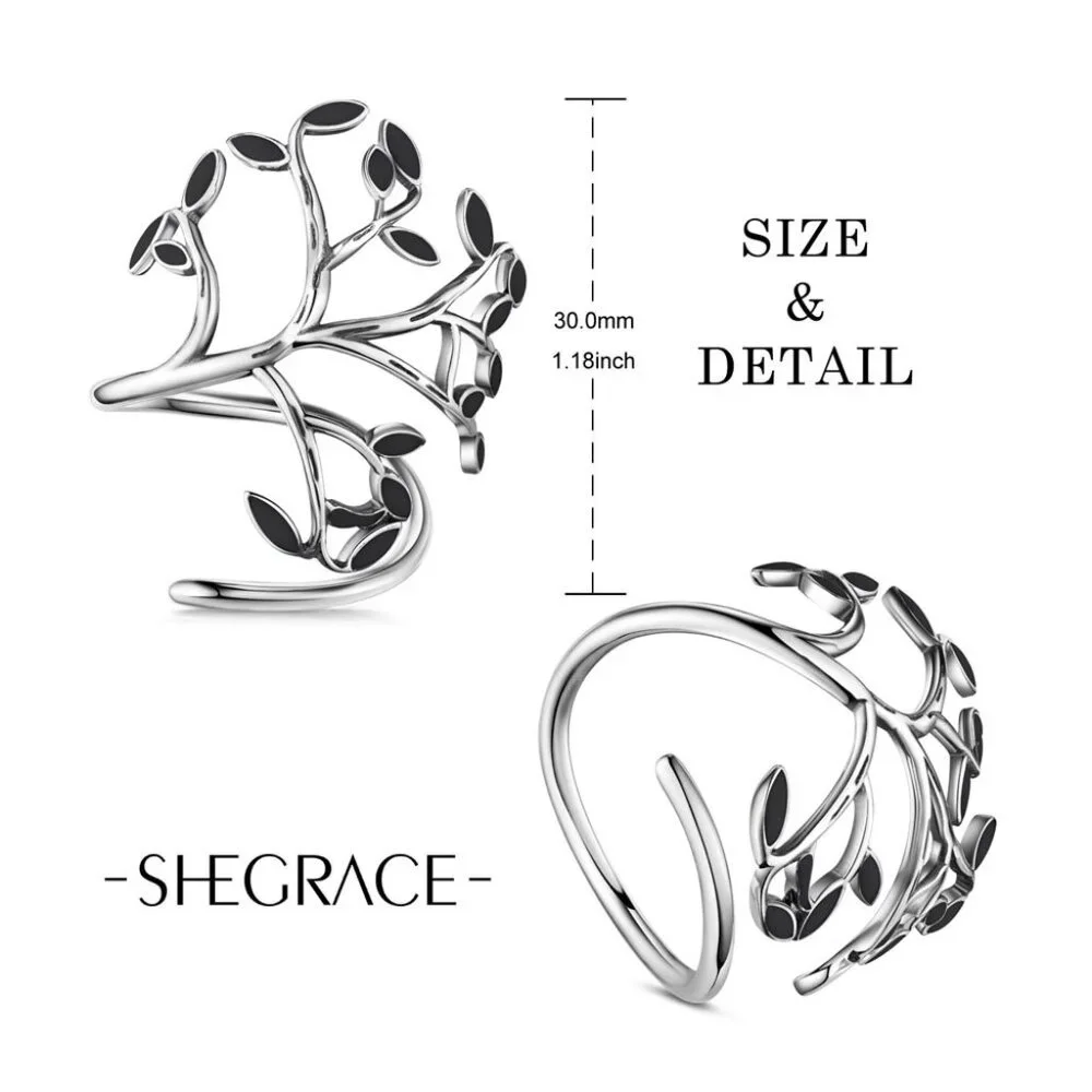 Black enamel leaf adjustable wrap ring in 925 sterling silver Big Dramatic NWOT - Picture 3 of 5